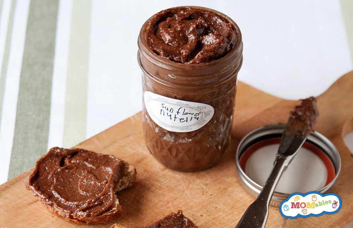 jar of homemade chocolate spread, label sticker says sunflower nutella
