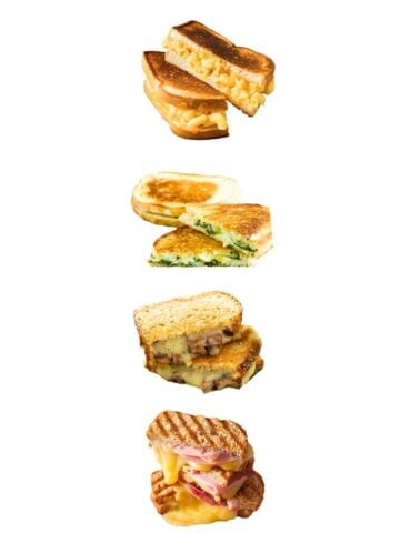 four grilled sandwiches floating in a white background