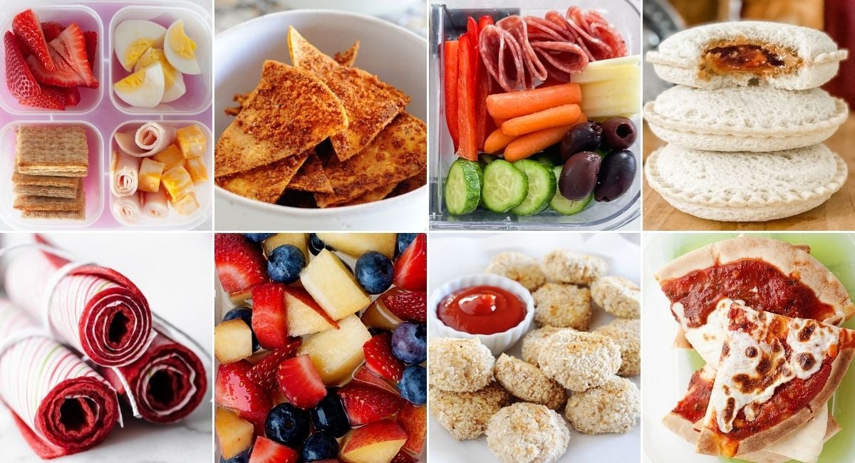 collage image with eight school lunches