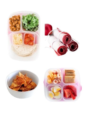 four school lunches and snacks floating in a white background