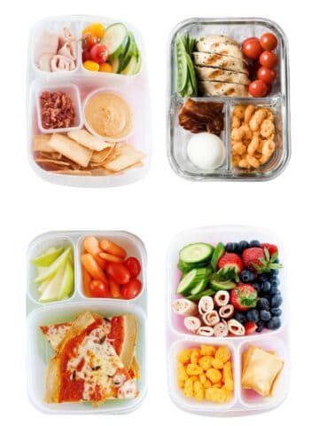four lunchboxes floating in a white background