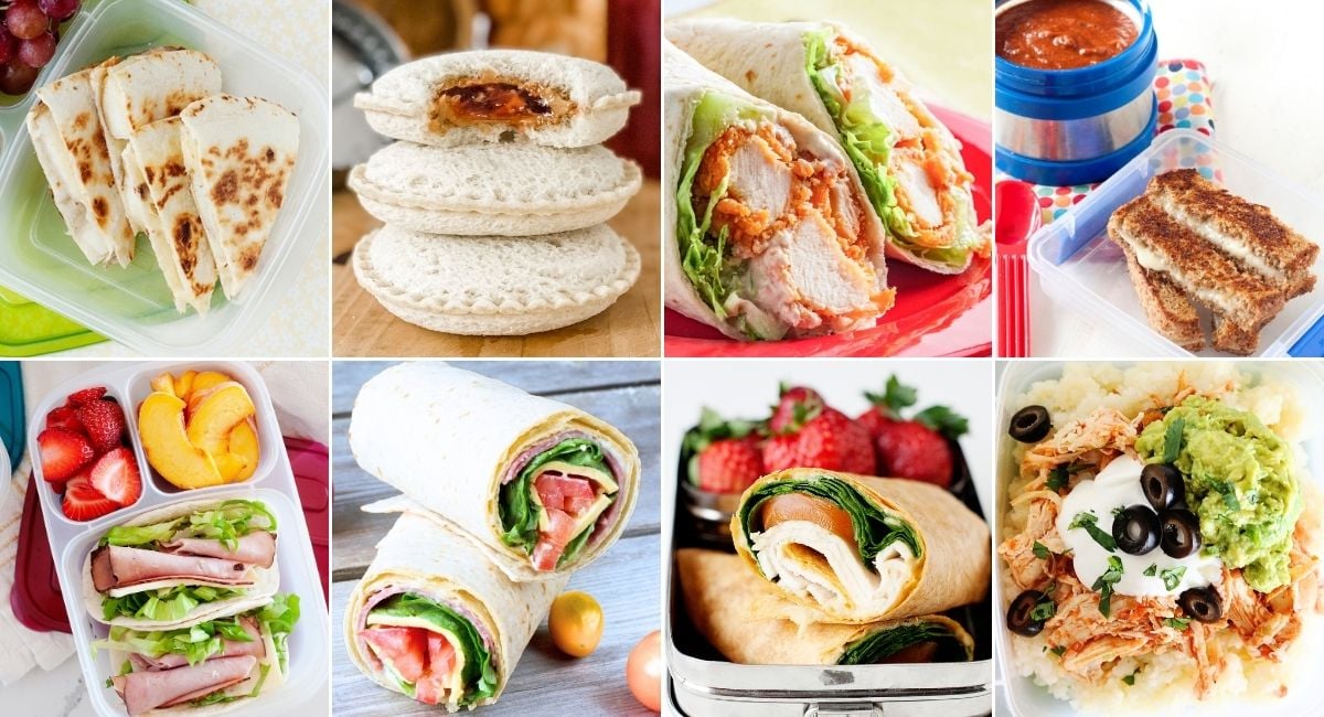 collage image with eight nut-free school lunches