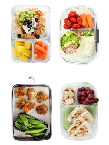 four nut-free school lunches floating in a white background