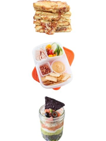three dairy free lunches floating in a white background