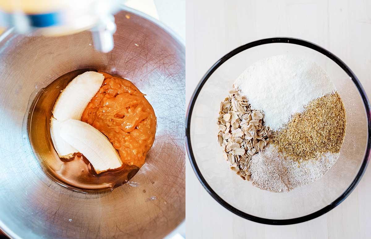 side by side photo of wet and dry ingredients being mixed for oatmeal breakfast cookies