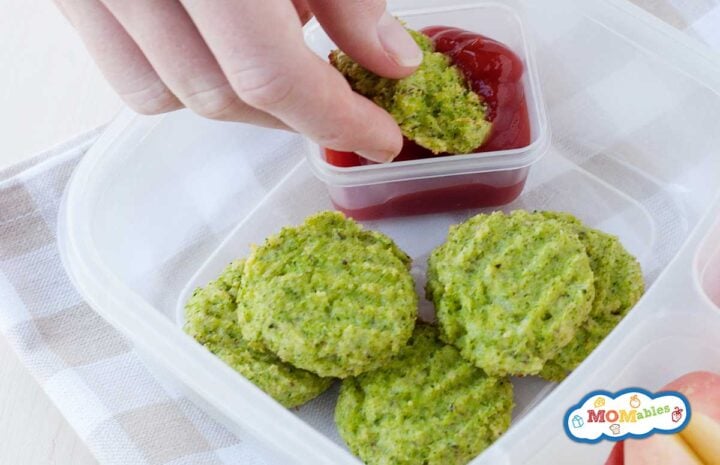 broccoli nuggets in a small lunchbox with dip