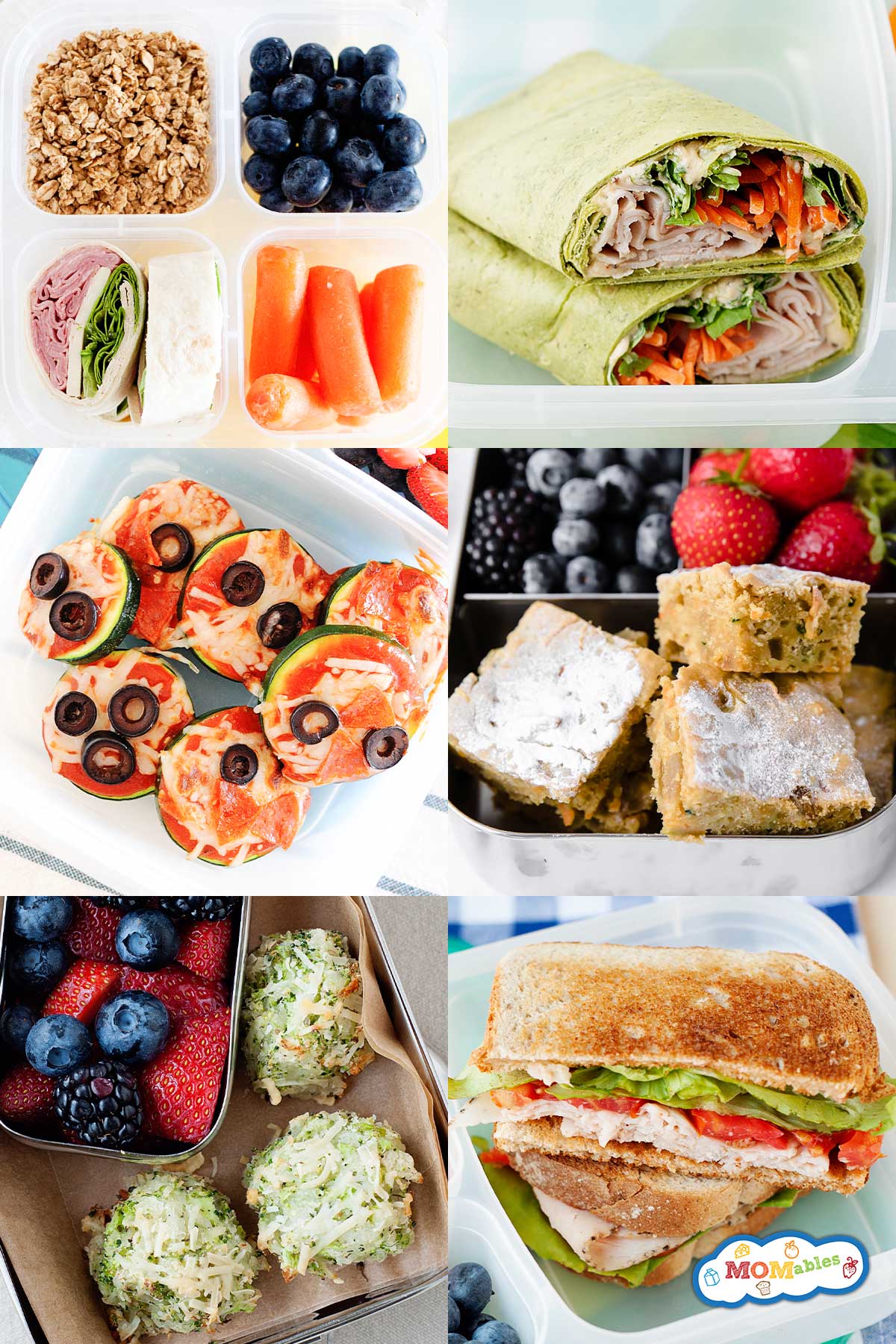 a collage of school lunches with vegetables