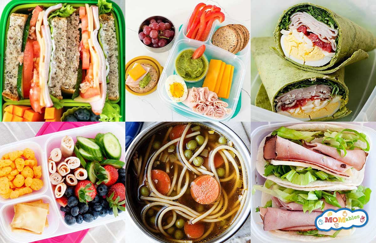 an image collage of six healthy lunch ideas for school