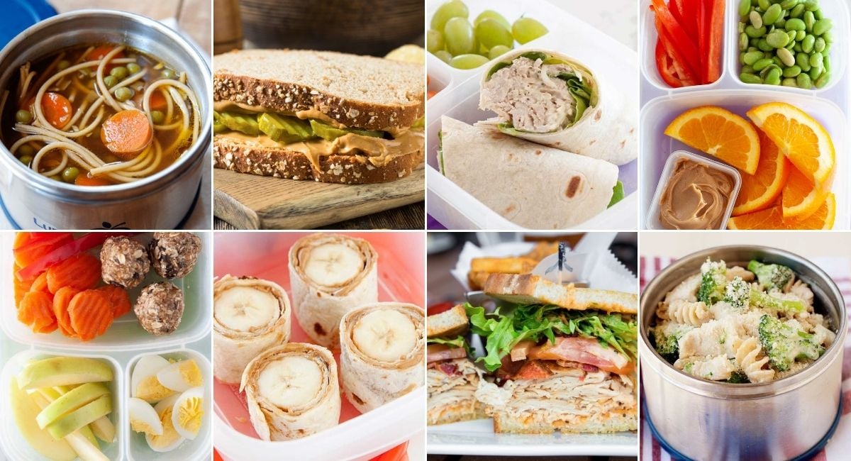 an image collage of eight healthy lunch ideas for school