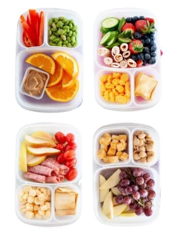 four healthy lunchboxes floating in a white background