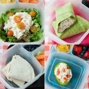 an image collage of five healthy lunch ideas with chicken salad