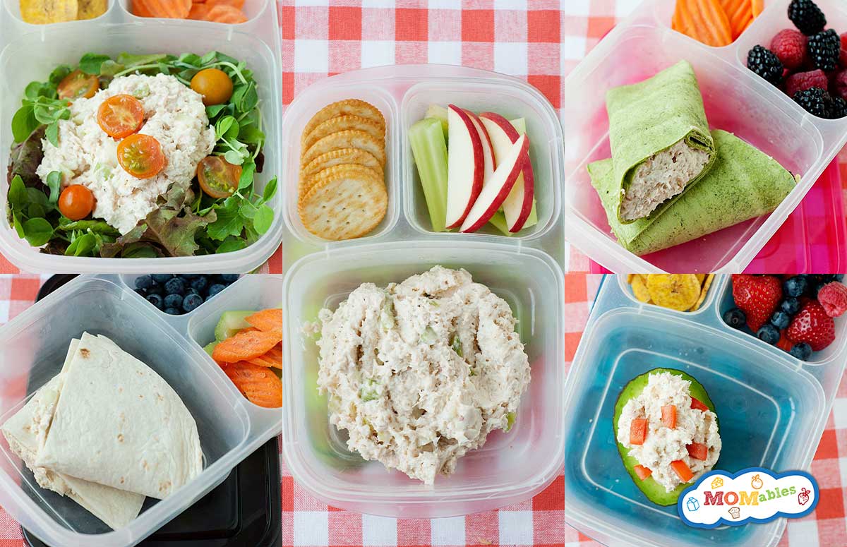 an image collage of five healthy lunch ideas with chicken salad