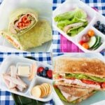 image: collage of four photos of school lunch containers packed with lunch.