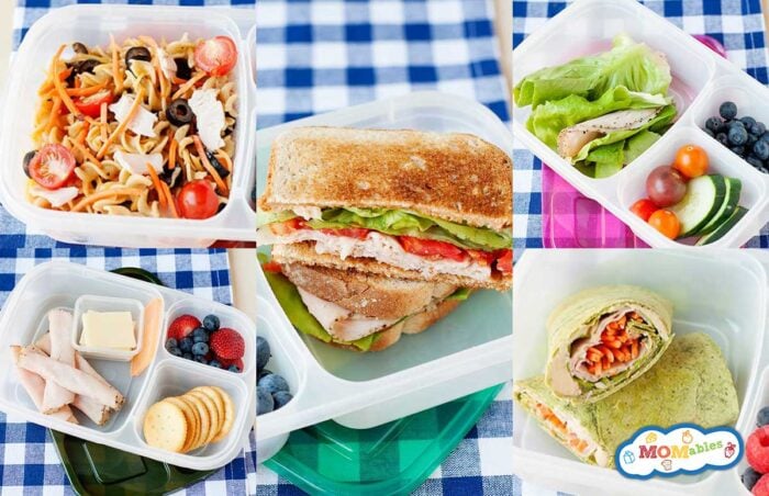 image: collage of six photos of school lunch containers packed with lunch. 