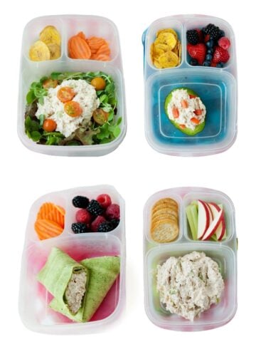 four lunchboxes with chicken salad lunches floating in a white background