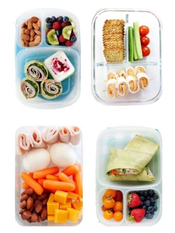 four school lunches with turkey floating in a white background