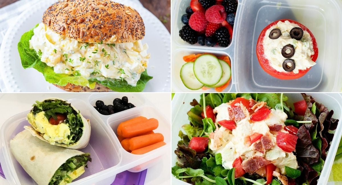 imagge collage with six school lunches made with egg salad