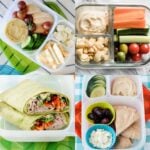 an image collage of healthy lunches with hummus for school