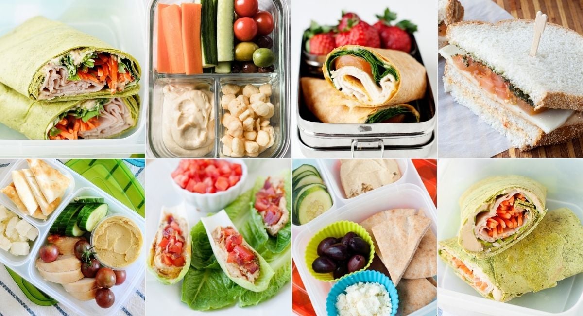 collage image with eight hummus lunch ideas