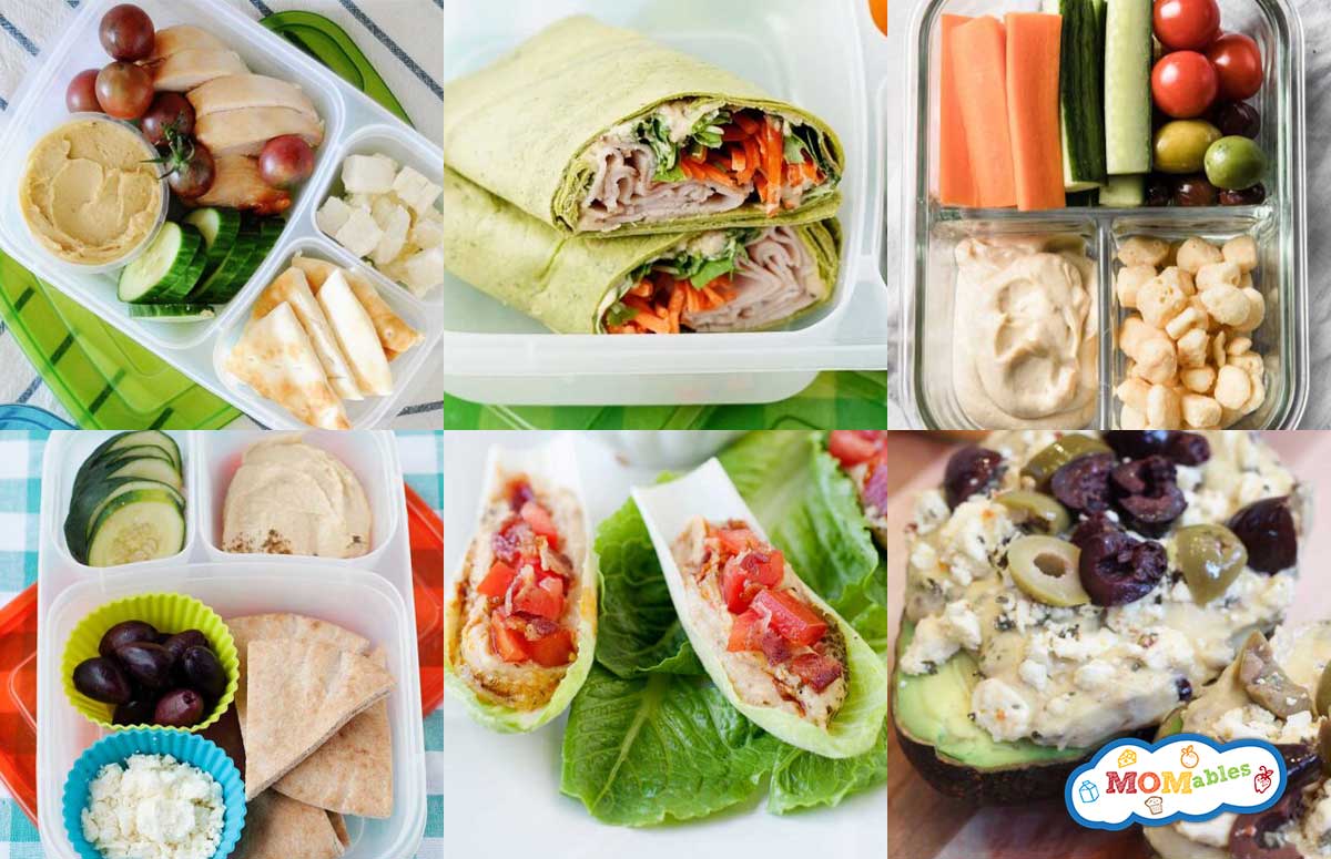 an image collage of healthy lunches with hummus for school