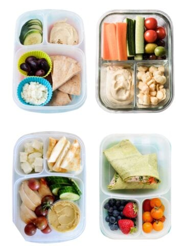 four hummus lunch ideas floating in a white background