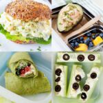 an image collage of healthy school and office lunch ideas with egg salad