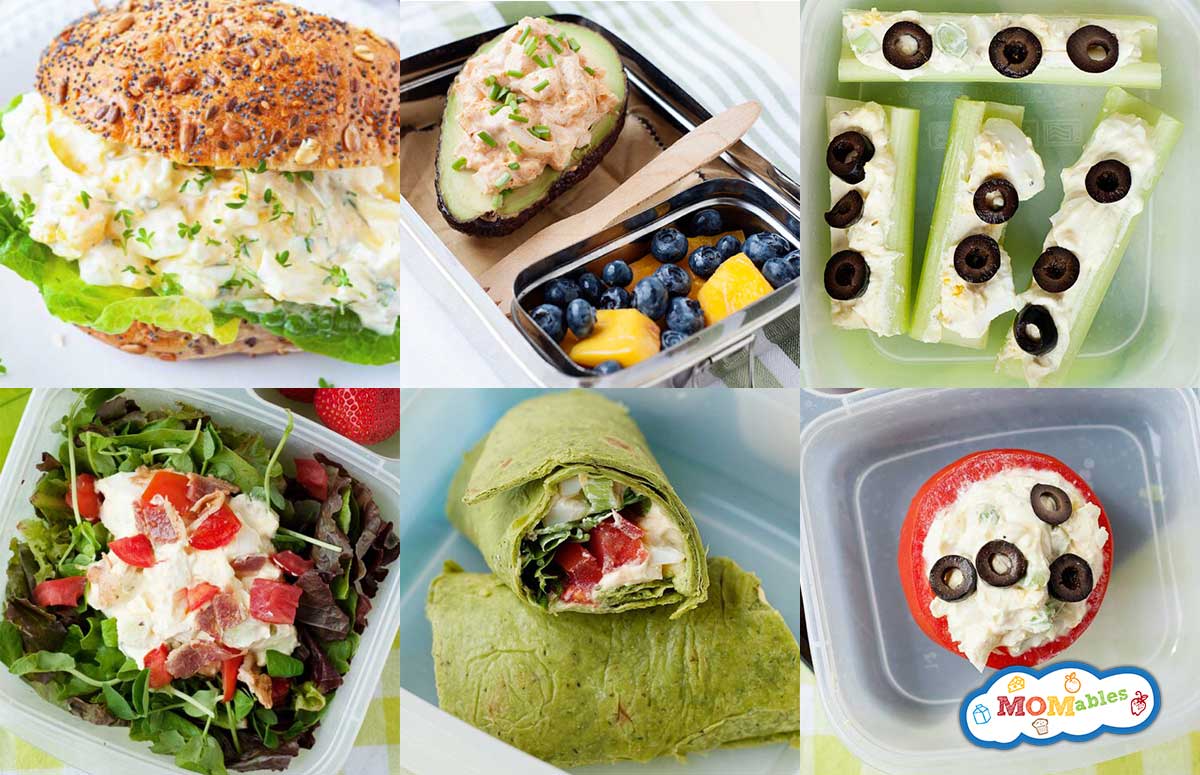 an image collage of healthy school and office lunch ideas with egg salad