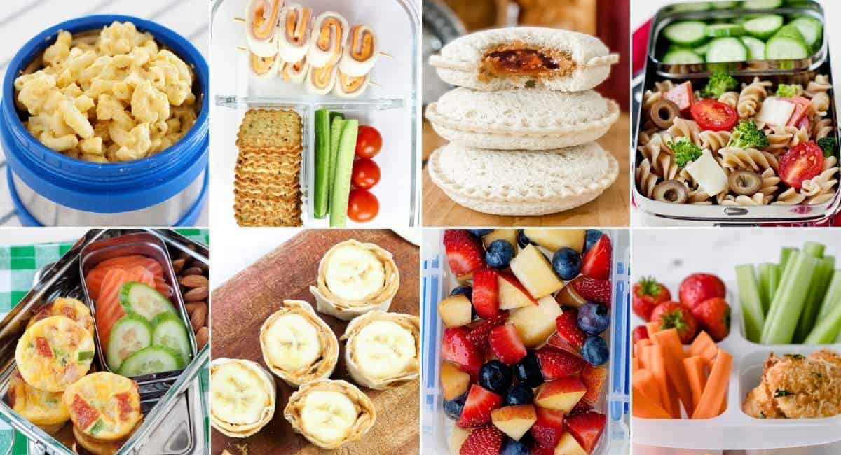 collage with eight images of school lunches