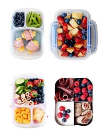four school lunch boxes floating in a white background