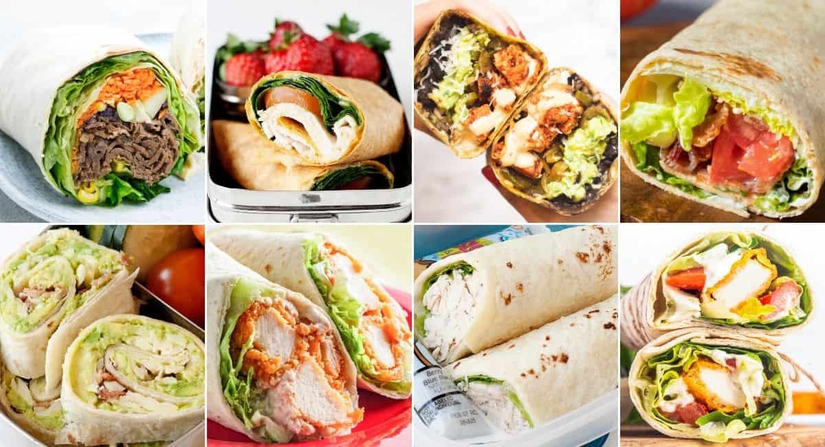 an image collage of eight wraps for school lunches