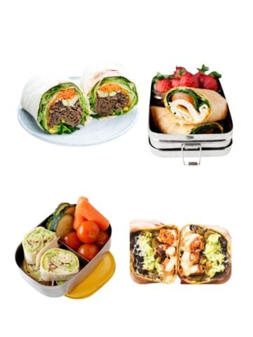 four wrap lunches floating in a white background