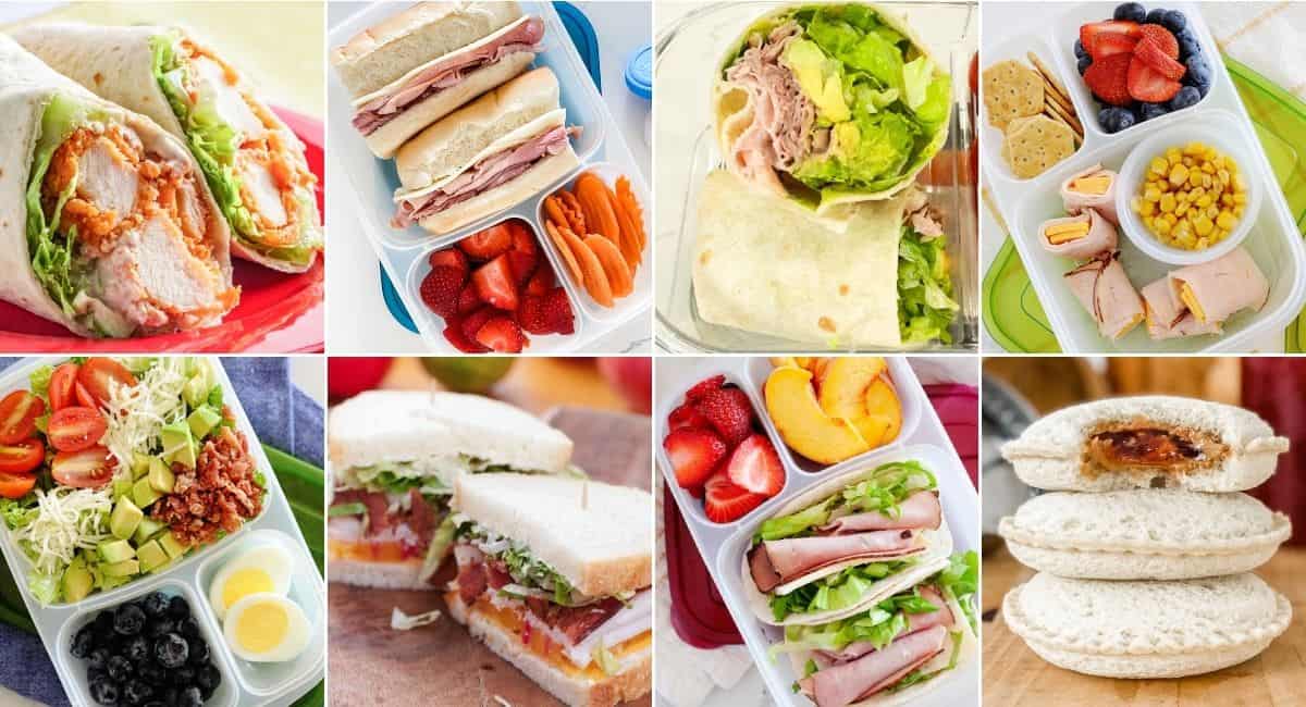 Variety of quick, healthy school lunch options with sandwiches, wraps, and fresh fruit.