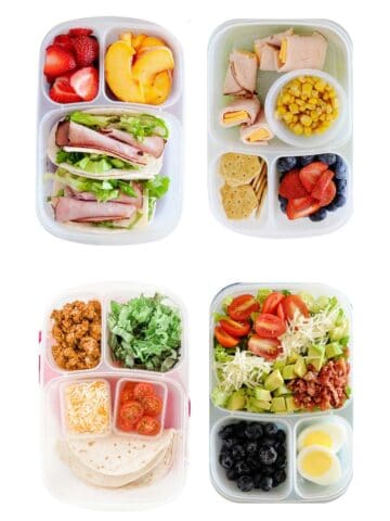 four school lunchboxes floating in a white background