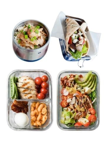 four high protein school lunches floating in a white background