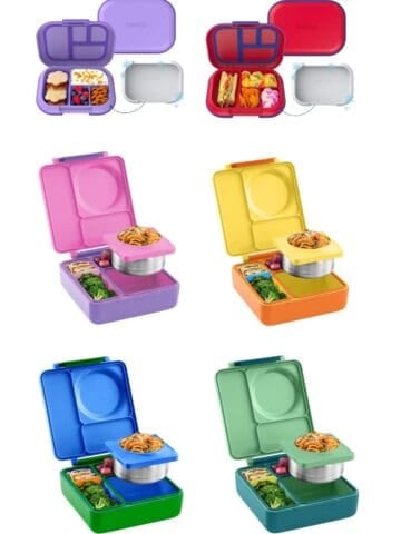 collage with six images of lunchboxes floating on a white background