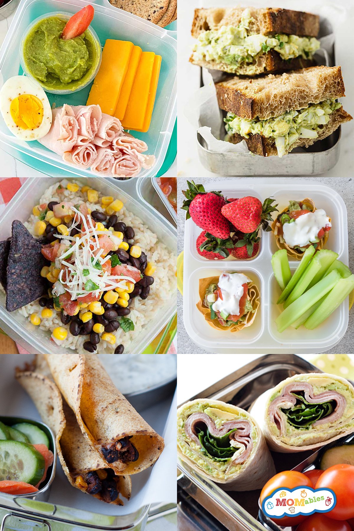 a montage of school lunch ideas with guacamole