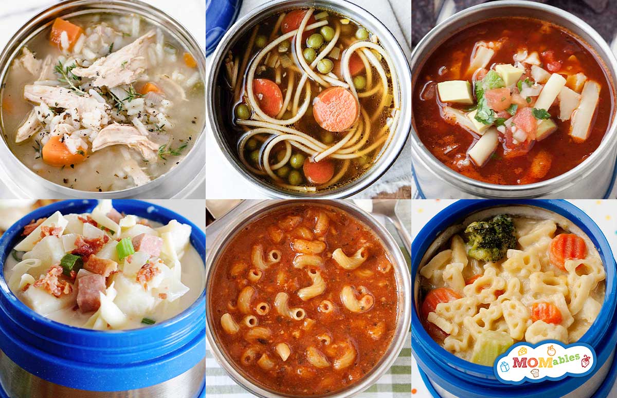 a collage of soups to pack in a thermos for lunch