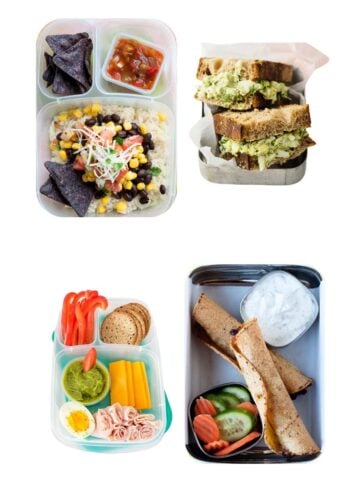 four school lunches made with guacamole, floating in a white background