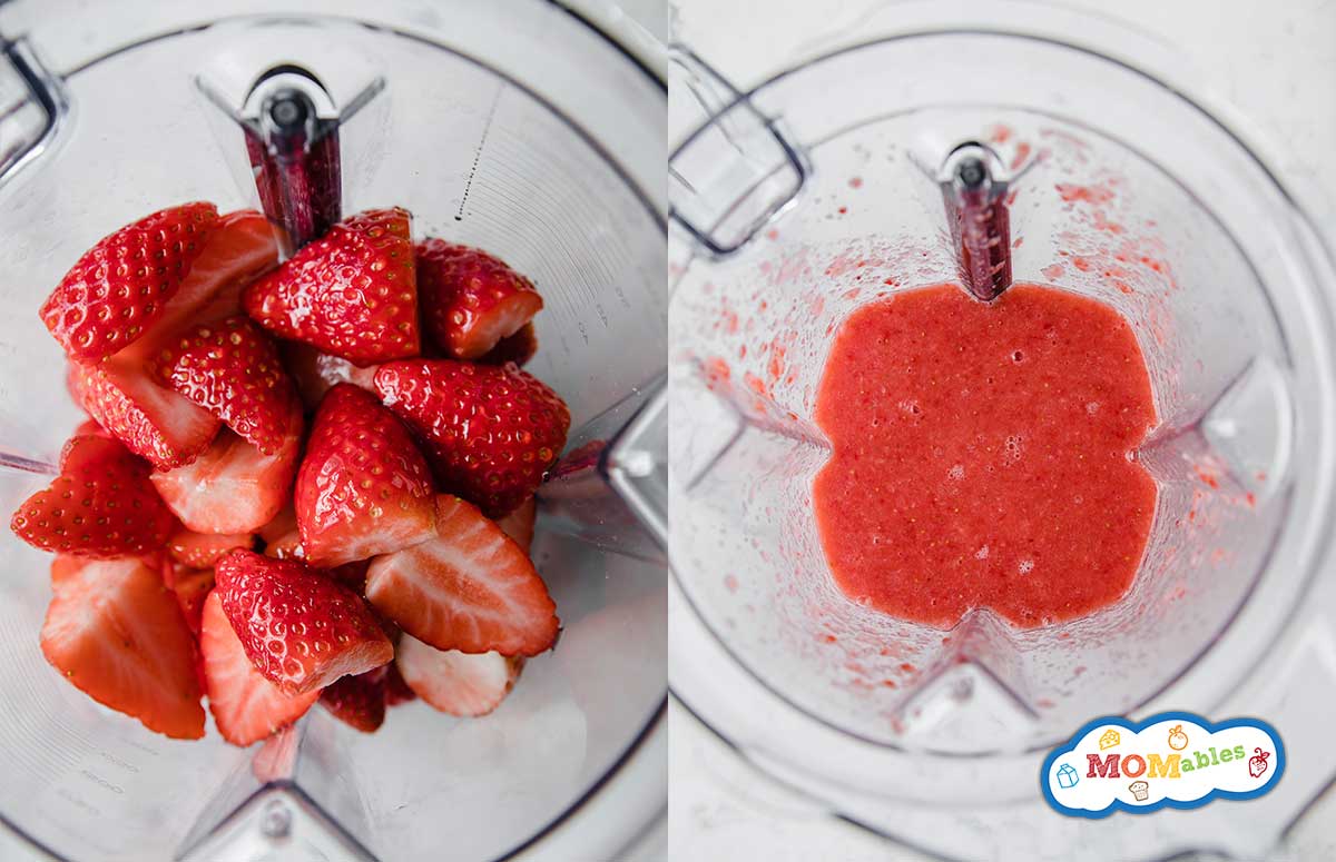 a side-by-side collage with fresh sliced strawberries in a food processor and blended strawberries in a food processor.