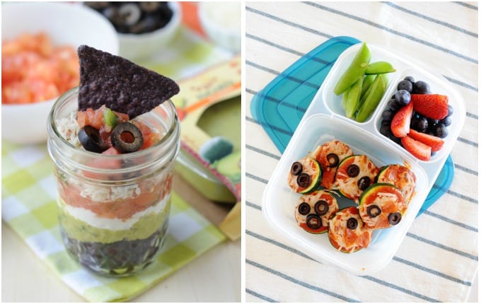 7 layer greek cups and zucchini pizza bites