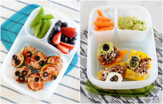image: side by side images two lunchboxes one with zucchini pizzas, snow peas and berries. Second lunchbox filled with low carb nachos, carrot sticks and guacamole. 