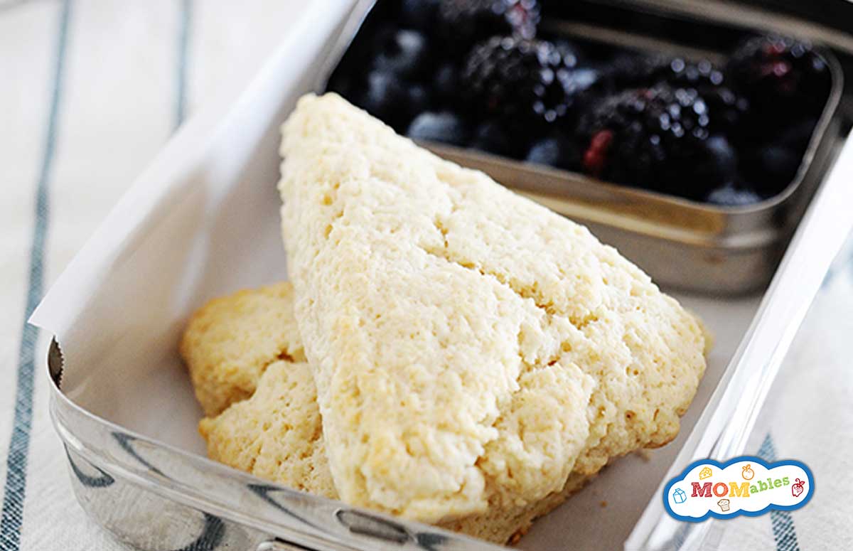 Scones in a lunchbox with blackberries on the side