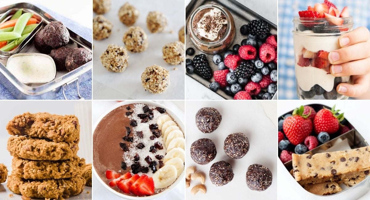 collage image with eight high fiber snacks for kids