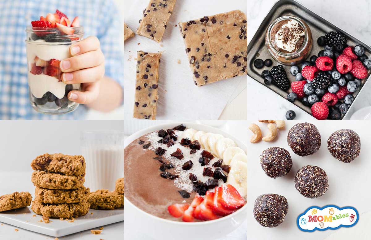 an image collage of high fiber snacks for kids