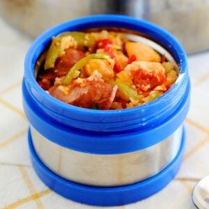 lunch thermos filled with Cajun Jambalaya