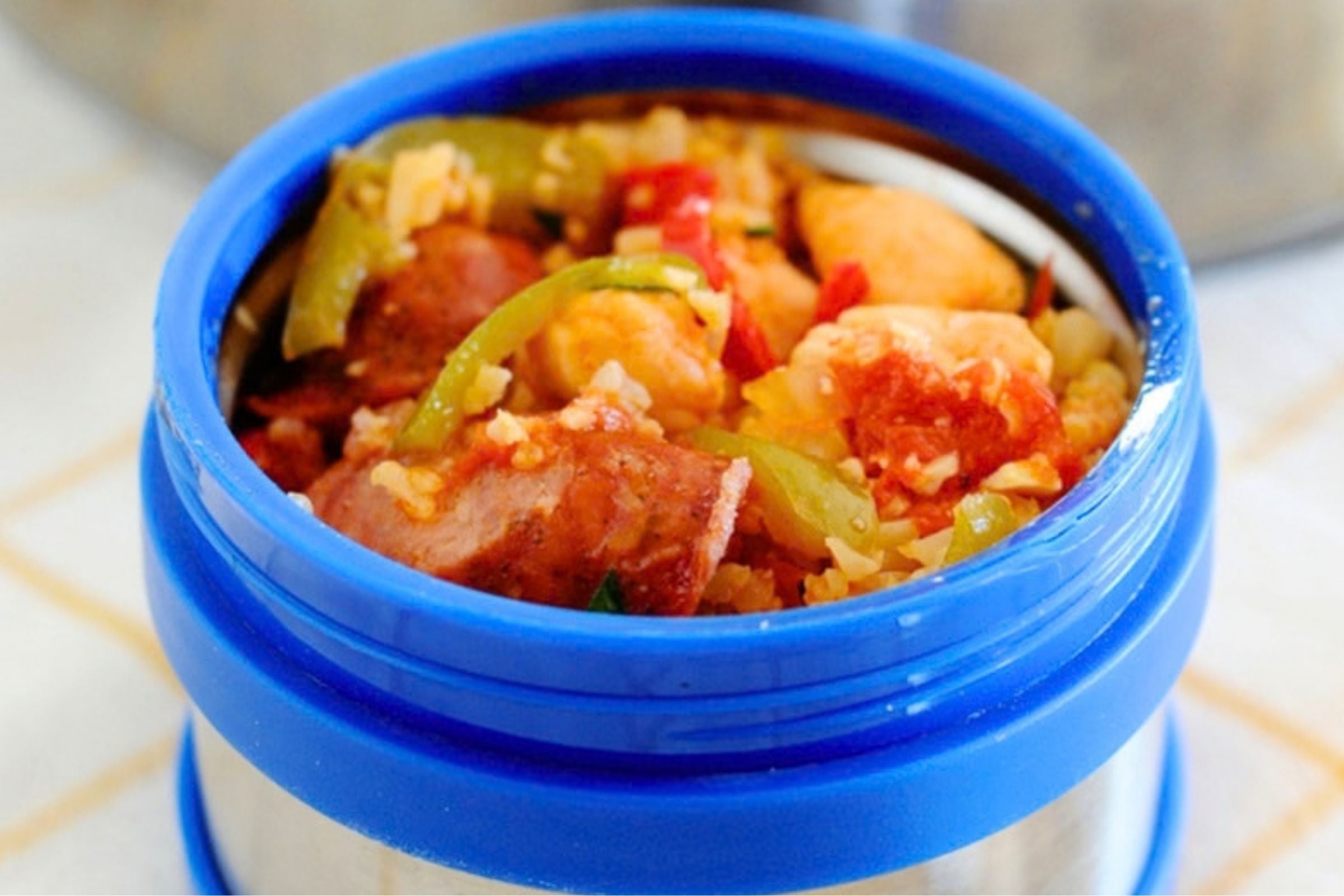 lunch thermos filled with Cajun Jambalaya