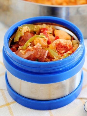 lunch thermos filled with Cajun Jambalaya