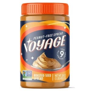 red and blue jar of voyage peanut butter alternative