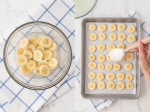 two image collage. on left, banana slices in a bowl soaking in lemon juice and water mixture and on the right, the banana slices are on the baking sheet and the mixture is being brushed over the tops