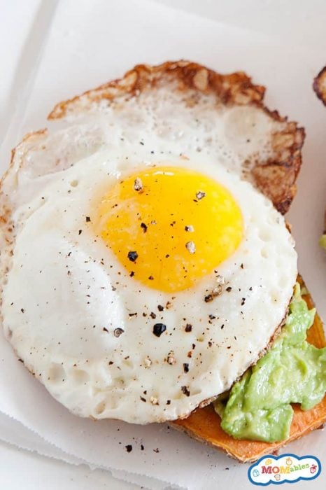 Image: Fried egg on top of a sweet potato. v